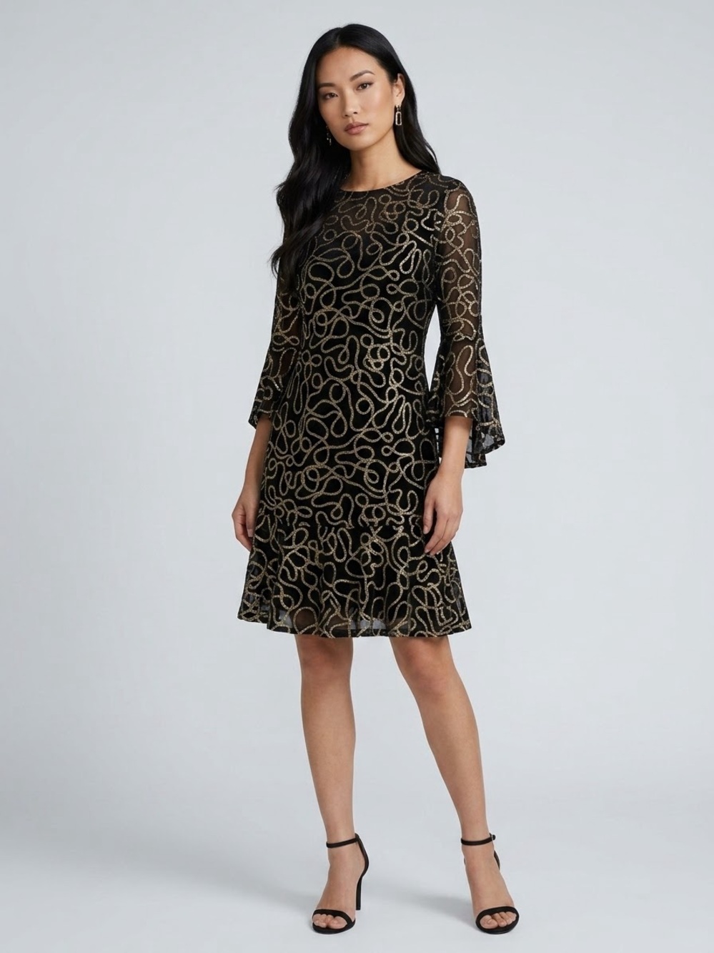Jessica Howard Black Gold Embroidered Cocktail Dress Petite 4P